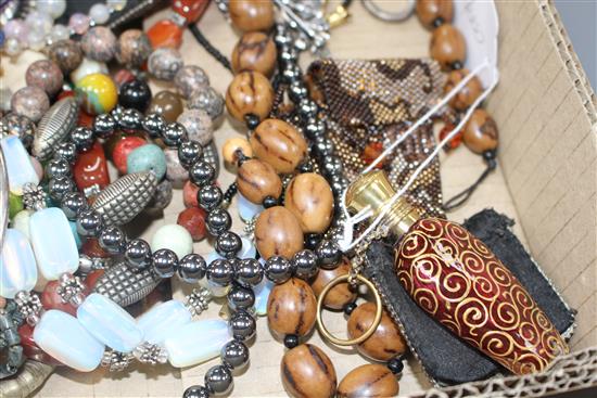 A mixed group of assorted costume jewellery including hematite necklace and two mounted glass scent bottles.